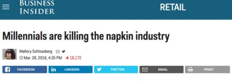 Business Insider headline that reads, "Millennials are killing the napkin industry"