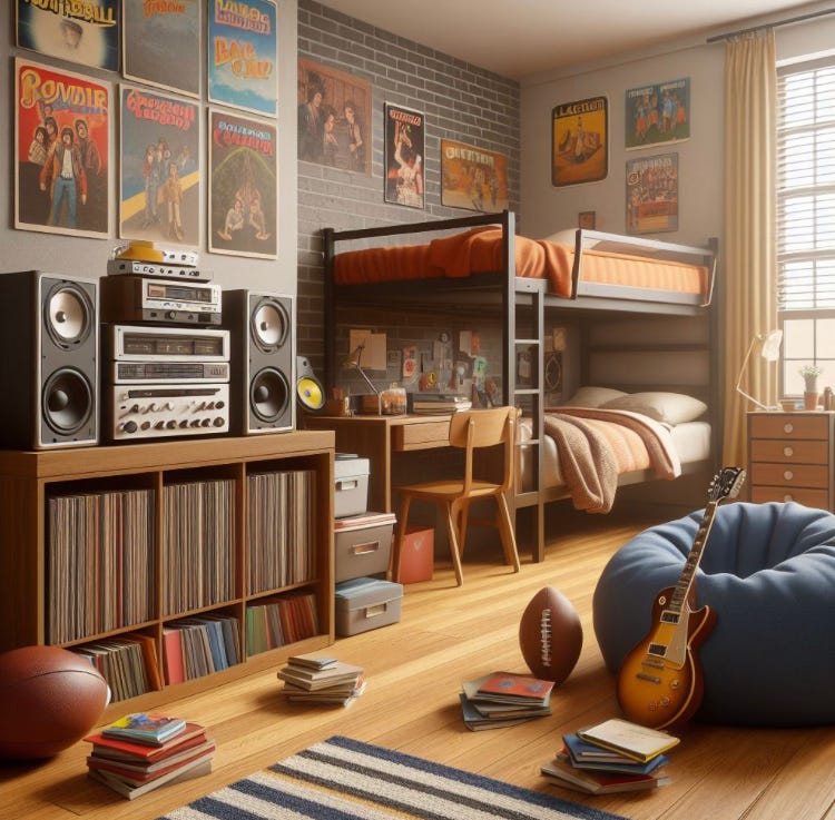 1970s college dorm room with stereo, records, bunkbed, desk, beanbag chair, lamp, football, guitar