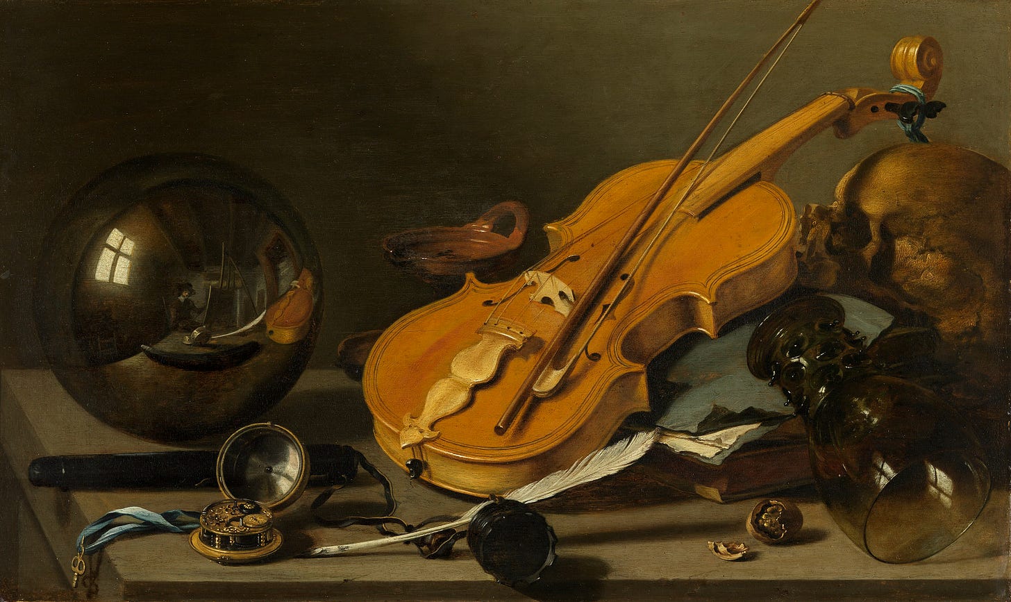 A skull, a toppled glass, a watch and a glass sphere A skull, a toppled glass, a watch and a glass sphere