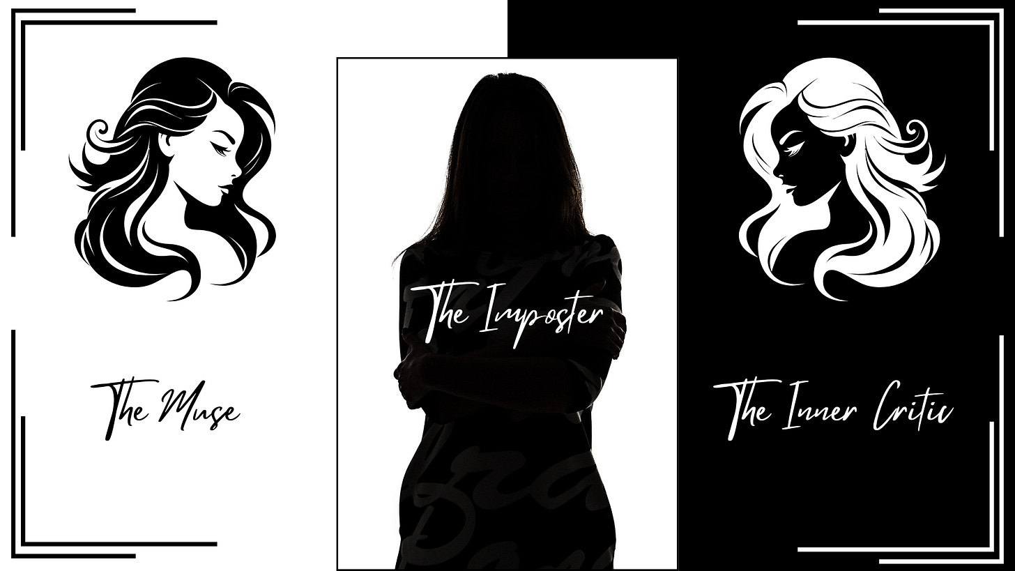 Muse & Inner Critic over Imposter's shoulders Muse & Inner Critic over Imposter's shoulders