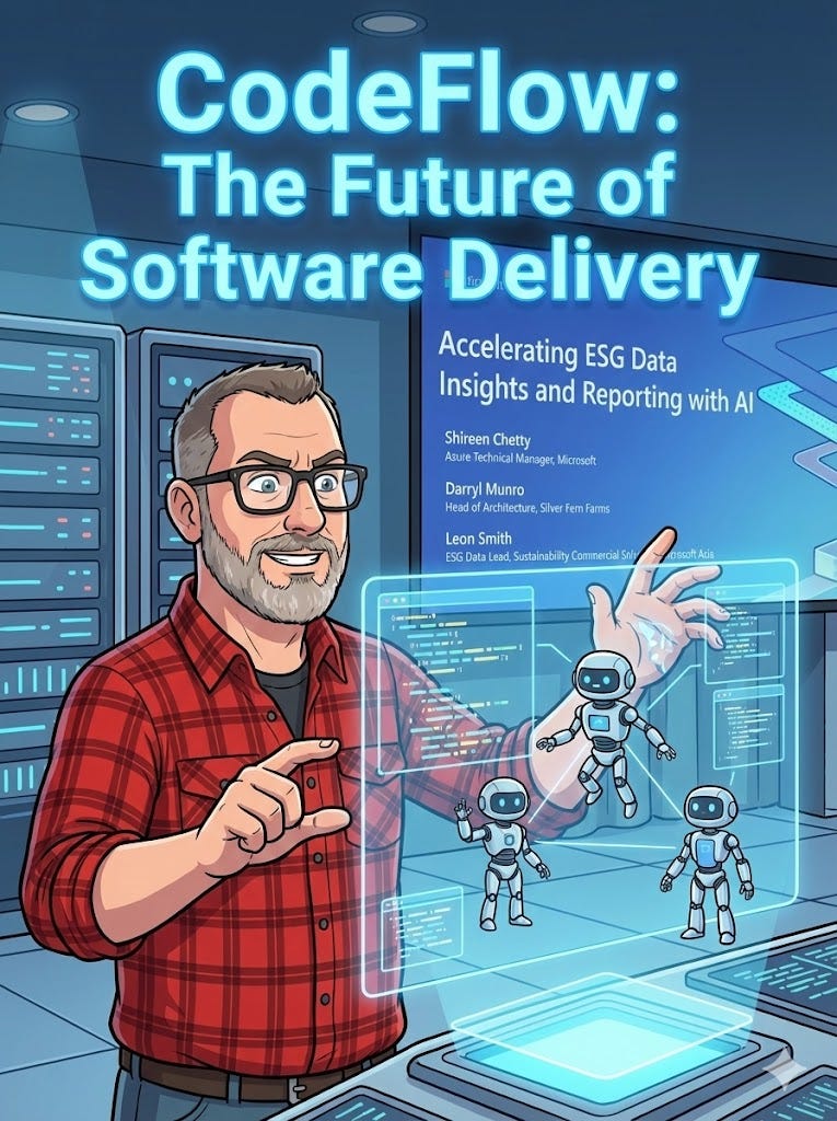 A vibrant comic-style illustration of a man with glasses and a beard wearing a red plaid shirt. He is standing in a futuristic server room, interacting with a glowing holographic interface featuring three small, sleek AI robots. Large glowing text at the top reads "CodeFlow: The Future of Software Delivery."