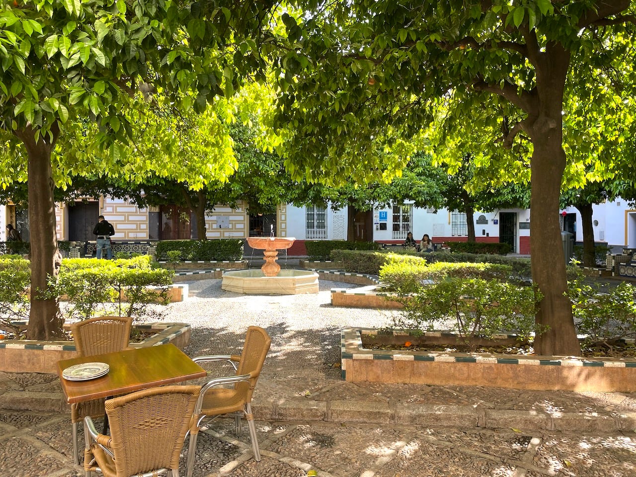 Colour photograph of a quiet courtyard in Seville