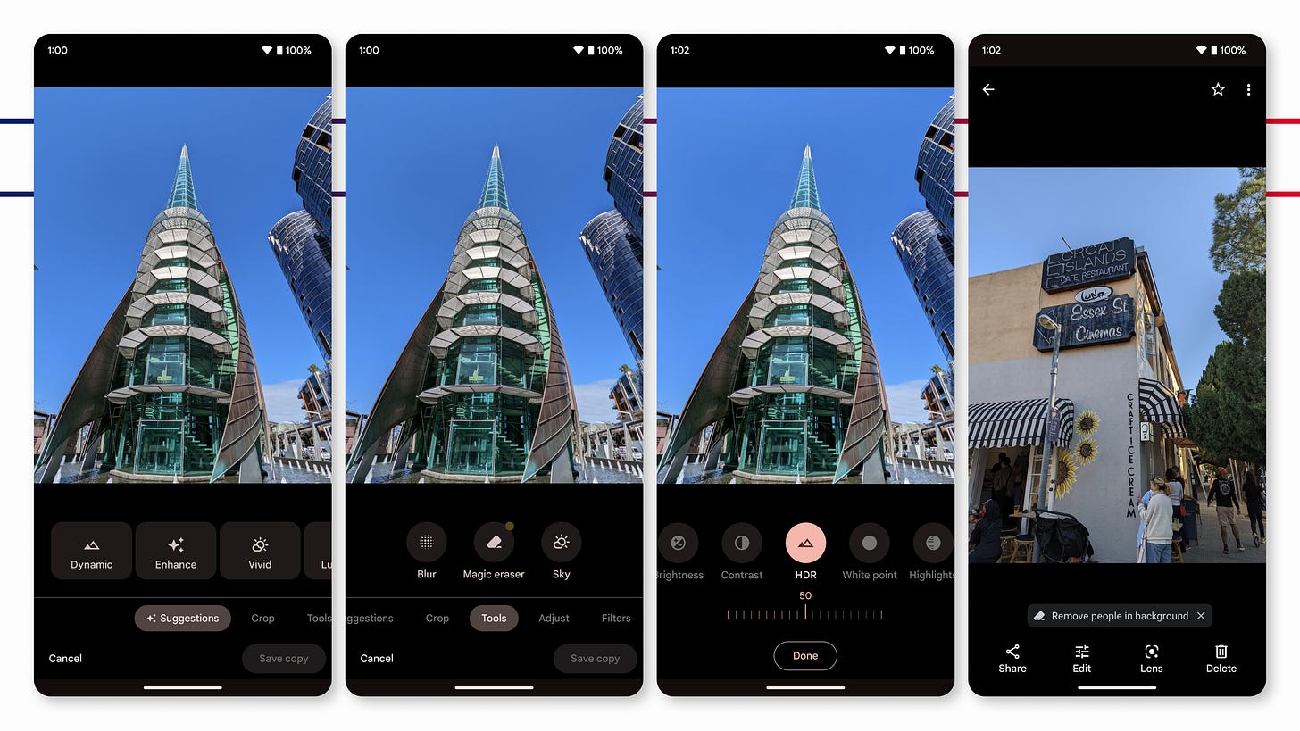 Four screenshots of the Google Photos app on the Pixel 6 phone showing the different modes and functions that it is capable of