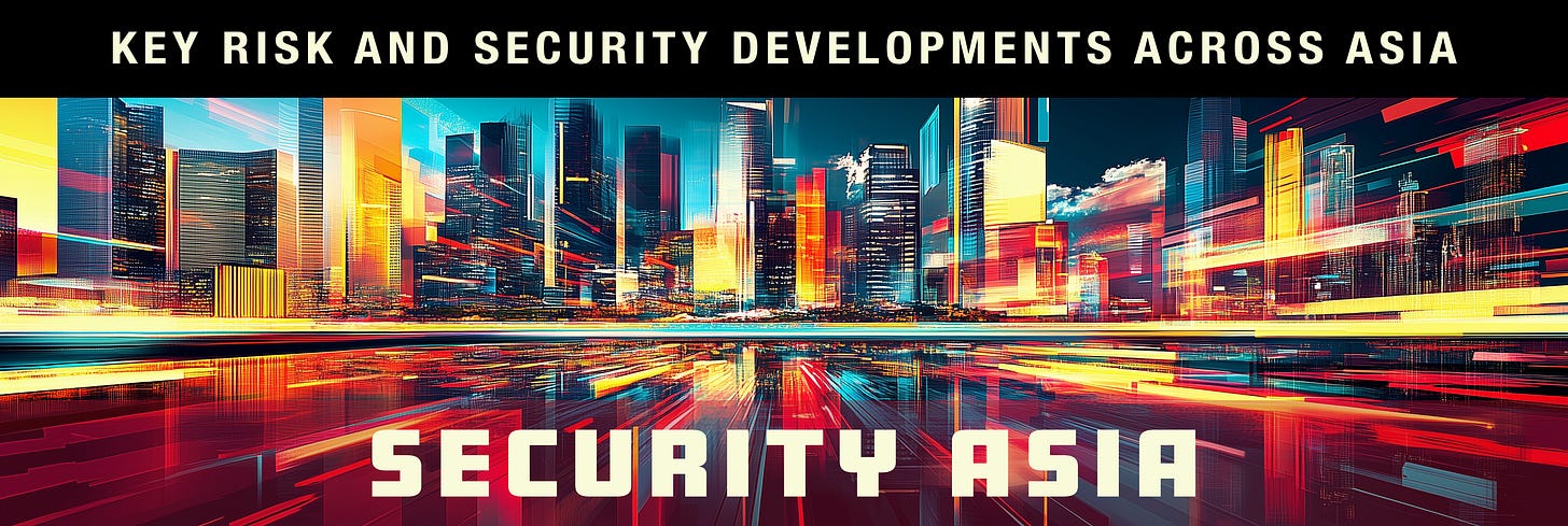 Image 1: The image is a graphic for Security Asia and Key Risk and Security Developments Across Asia. The cityscape in the background features buildings with stylized light streaks and reflections