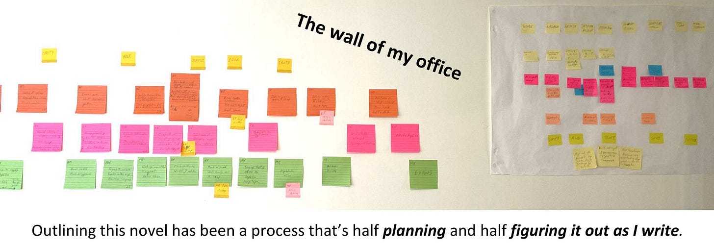 Outline of Lance Robinson's novel on his wall with sticky notes. Outline of Lance Robinson's novel on his wall with sticky notes.