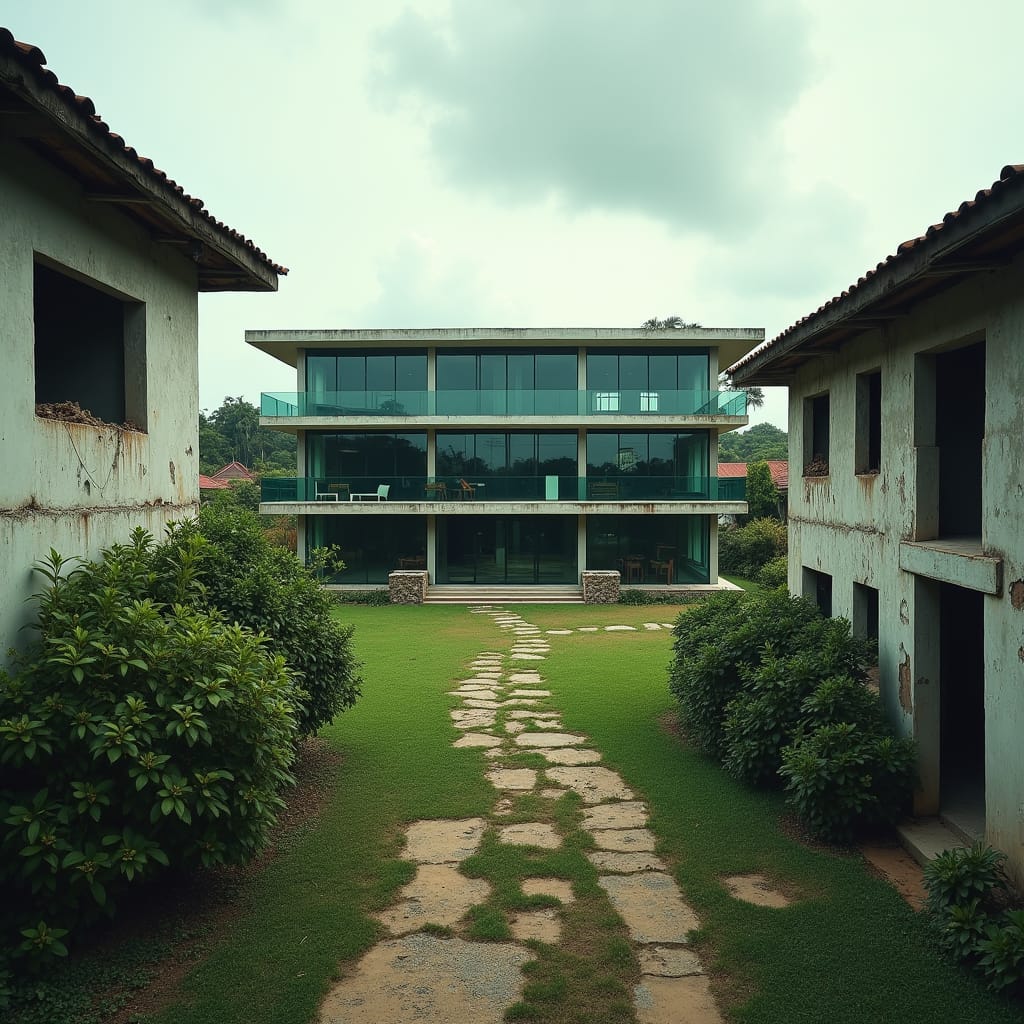 A majestic, modern mansion stands in stark contrast to its surroundings, situated in the midst of a Jamaican town, where crumbling, unfinished houses with exposed concrete blocks and overgrown bushes line the streets. The luxurious estate, with its sleek glass façade and impeccably manicured lawn, appears almost surreal, as if transported from a different world. The adjacent buildings, with their peeling paint, rusty rebar, and makeshift roofs, seem to lean in, as if to highlight the grandeur of the central residence. Cinematic film still, shot on high-end digital cinema camera, with deliberate film grain, subtle vignette, and meticulous color grading, evoking the warmth and texture of 35mm film