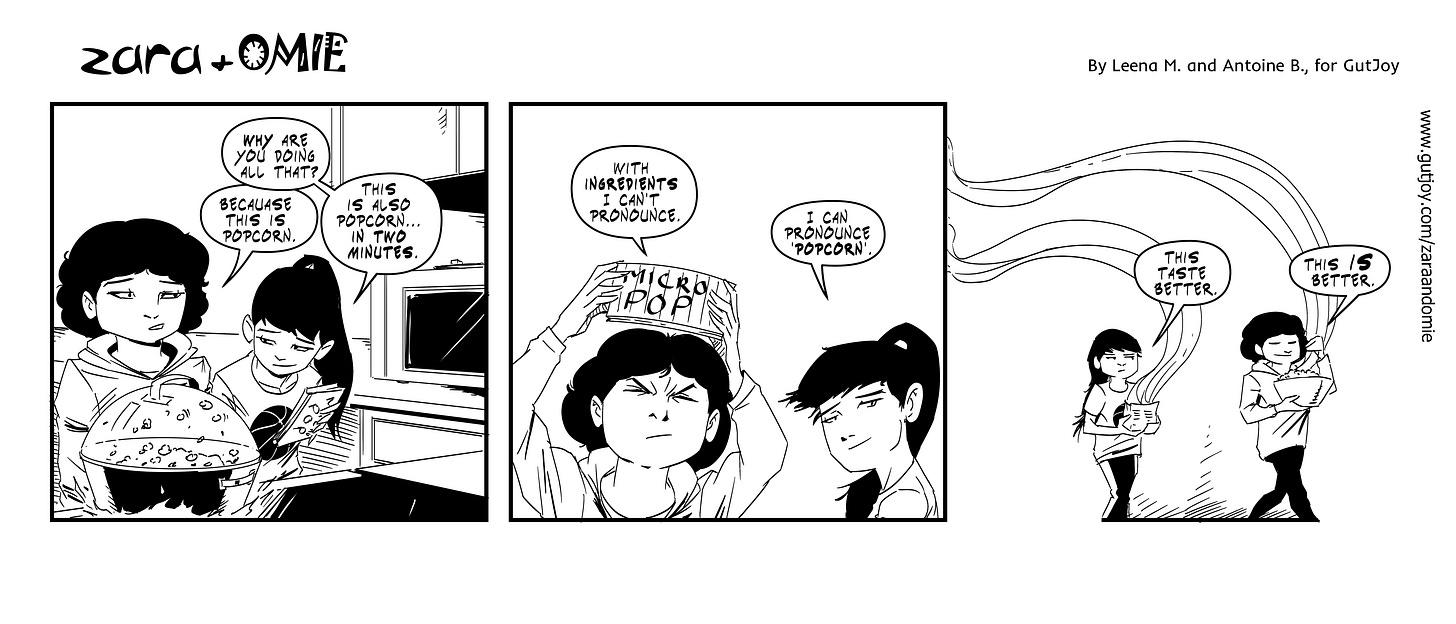 Zara chooses quick microwave popcorn while Misha makes it on the stove, highlighting speed versus simplicity.