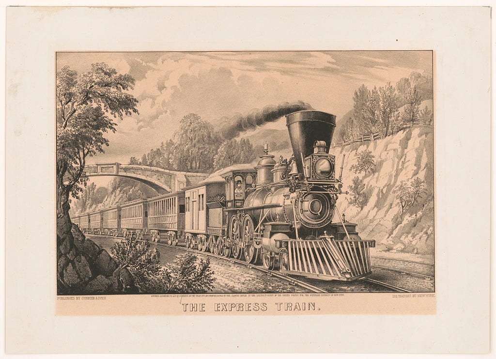 drawing of a Train passing under bridge. labled 'the express train'