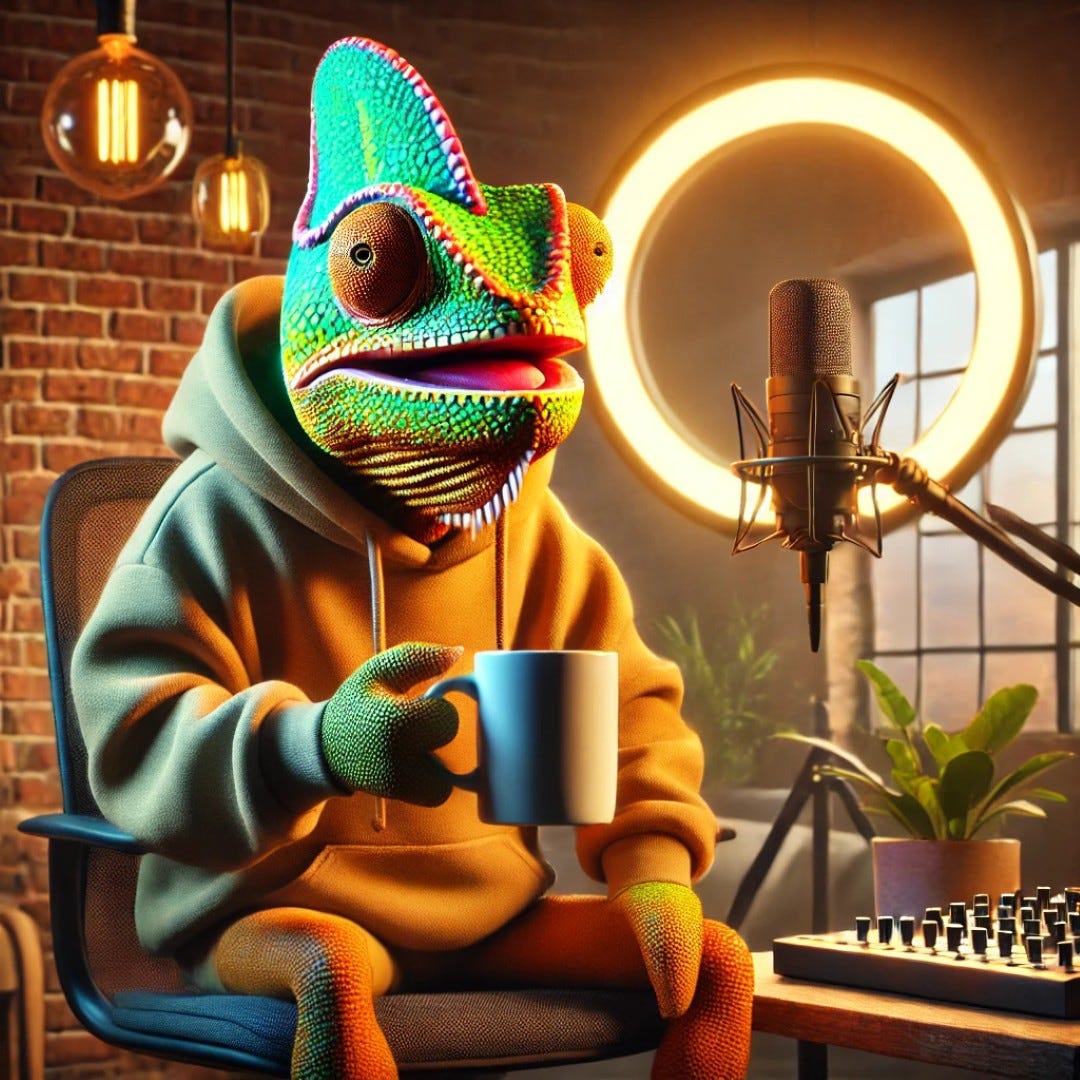 A realistic chameleon hosting a podcast in a modern studio, with headphones on and speaking into a high-quality microphone. The Social Chameleon Show Podcast
