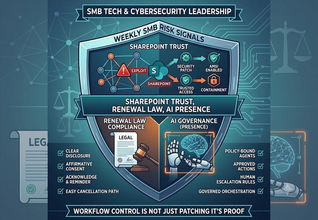 Here are a few options for the alt-text and caption for your infographic, keeping your SMB tech and cyber leader audience in mind. Alt-Text Options The alt text should be descriptive for accessibility while natively incorporating your core SEO keywords. Option 1 (Comprehensive & SEO-focused): Infographic outlining weekly SMB risk signals for tech leaders. A shield graphic illustrates three core areas: securing SharePoint against active exploits, ensuring automatic renewal law compliance with clear consent, and establishing AI governance for OpenAI Presence. The bottom banner states that workflow control requires proof, not just patching. Here are a few options for the alt-text and caption for your infographic, keeping your SMB tech and cyber leader audience in mind. Alt-Text Options The alt text should be descriptive for accessibility while natively incorporating your core SEO keywords. Option 1 (Comprehensive & SEO-focused): Infographic outlining weekly SMB risk signals for tech leaders. A shield graphic illustrates three core areas: securing SharePoint against active exploits, ensuring automatic renewal law compliance with clear consent, and establishing AI governance for OpenAI Presence. The bottom banner states that workflow control requires proof, not just patching.