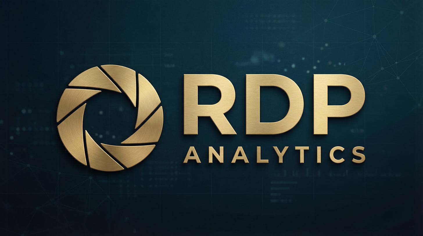 RDP Analytics logo in brushed gold on a dark teal analytical background.