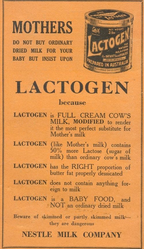 an old advertisement for lactogen milk from the early 1900's, with instructions on how to use it