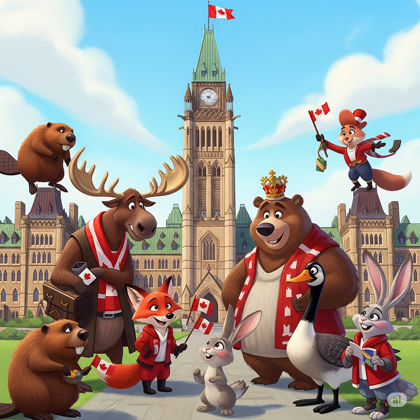 A whimsical Pixar-style illustration shows a diverse group of friendly Canadian animals, including beavers, a moose, a bear, a goose, a fox, and a rabbit, gathered in front of the Canadian Parliament building under a blue sky. The animals are wearing subtle Canadian-themed accessories, and the bear is wearing a crown, with small crown emblems also in the sky. A Canadian flag flies atop the Parliament building's central tower. The scene conveys a sense of national pride and community.