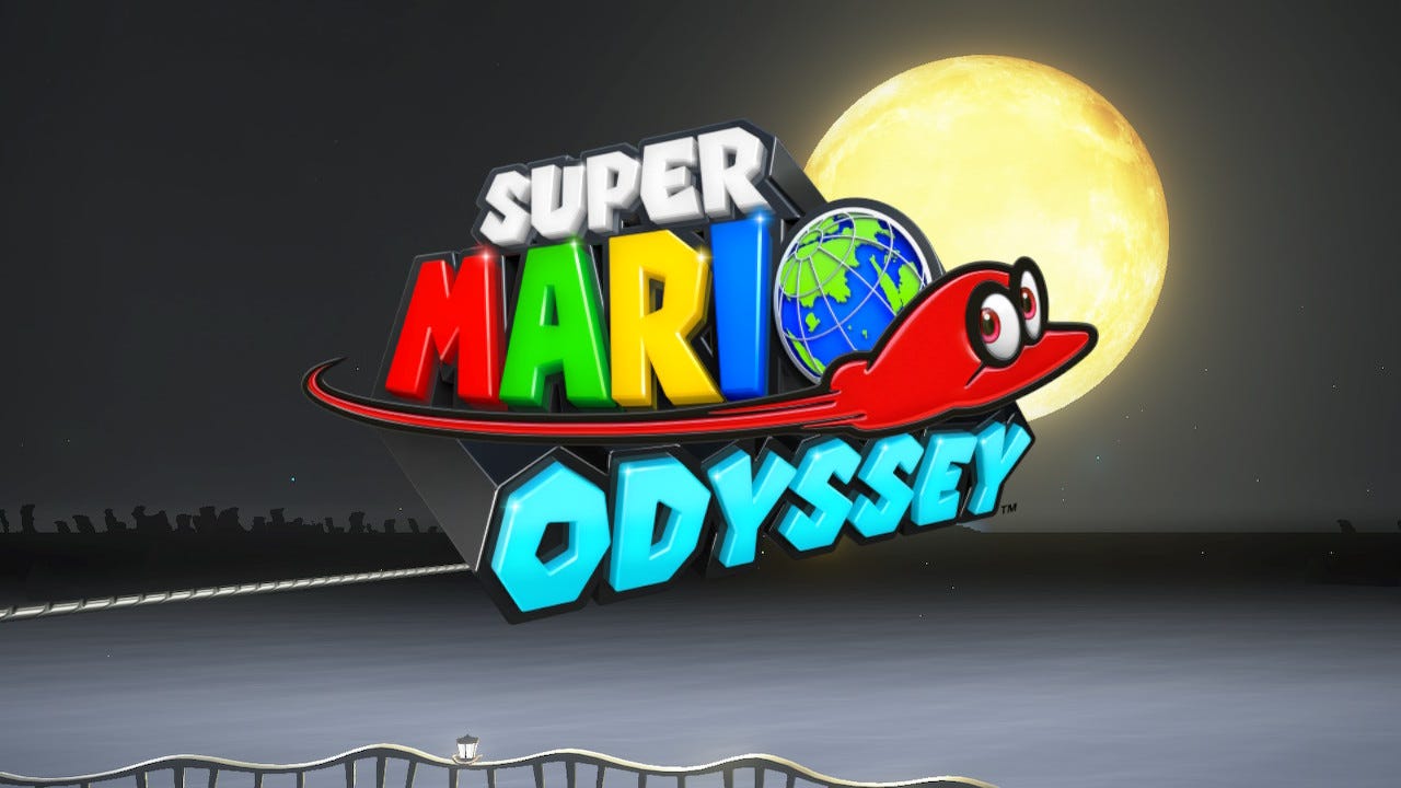 Super Mario Odyssey title drop: the logo is center, and a bright yellow moon is visible in the background against a grey landscape.