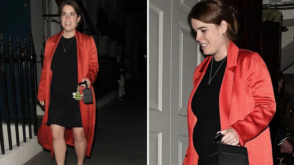 Princess Eugenie walking in a black dress and silk orange jacket showing her baby bump