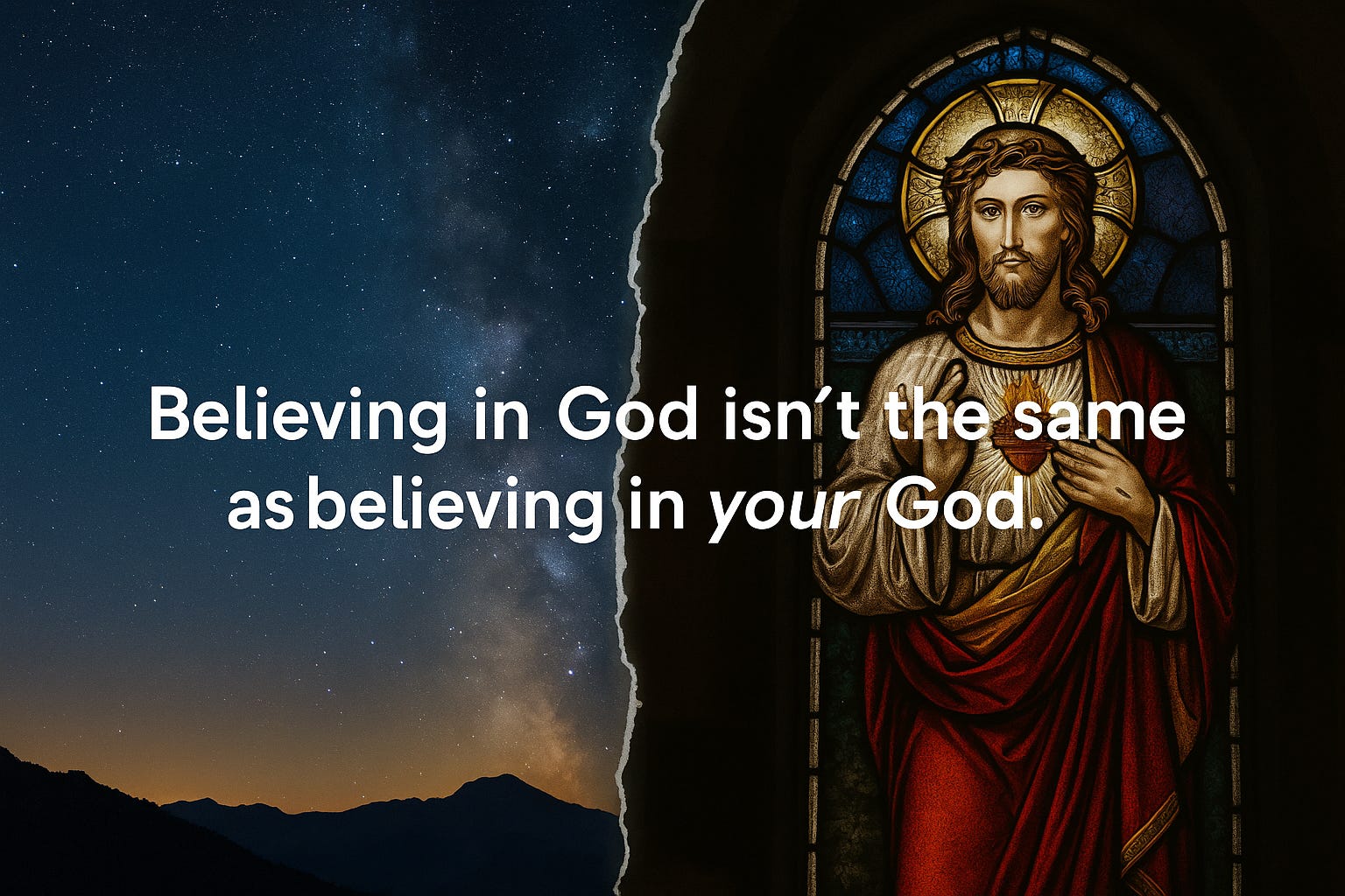 Split image showing the natural universe on one side and a Christian church window on the other, symbolizing the difference between general belief in a god and specific Christian claims. Split image showing the natural universe on one side and a Christian church window on the other, symbolizing the difference between general belief in a god and specific Christian claims.