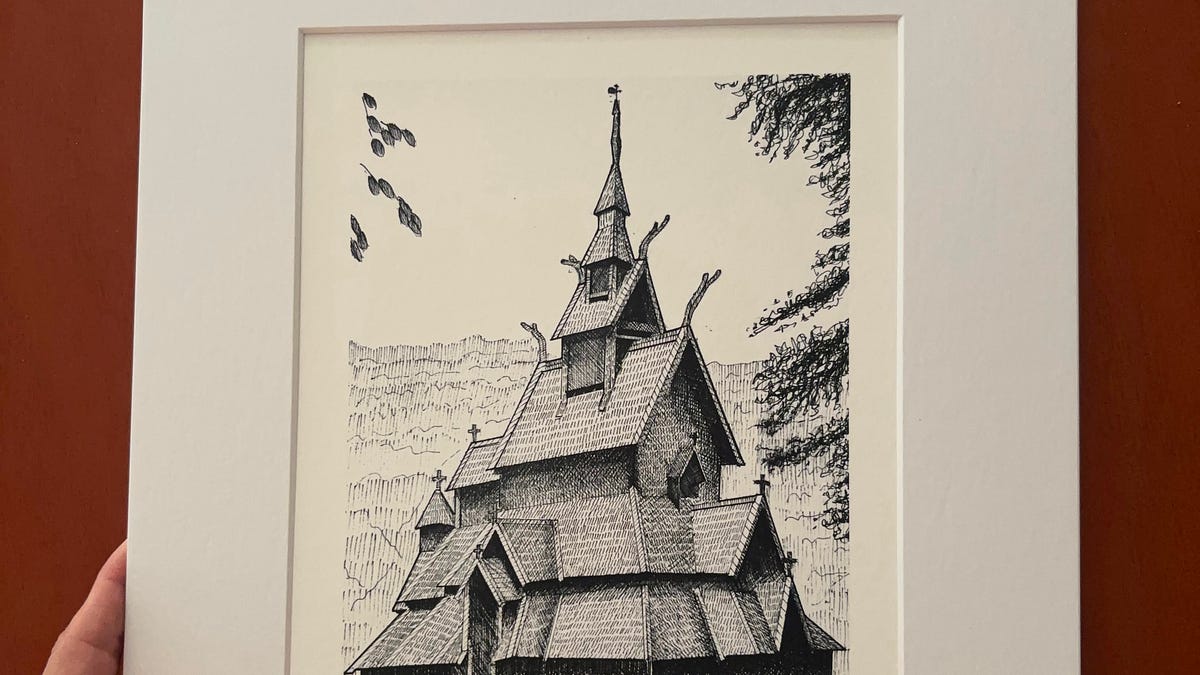 Pen illustration of Borgund Stave Church in Norway