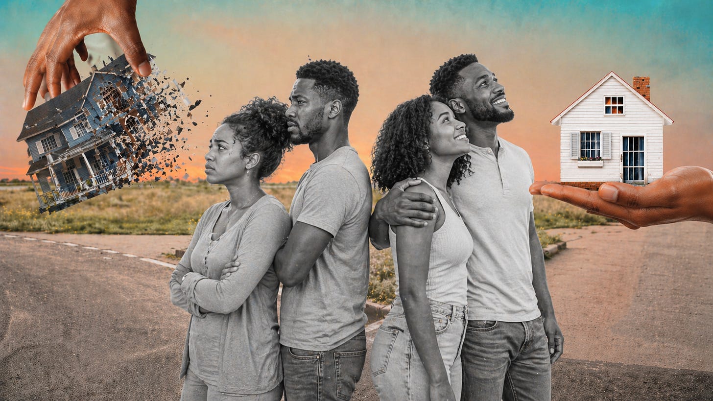 Two couples, one reality, standing back to back, one facing loss, the other stability, a stark reflection of how timing, access, and structure can shape entirely different outcomes in the same market.