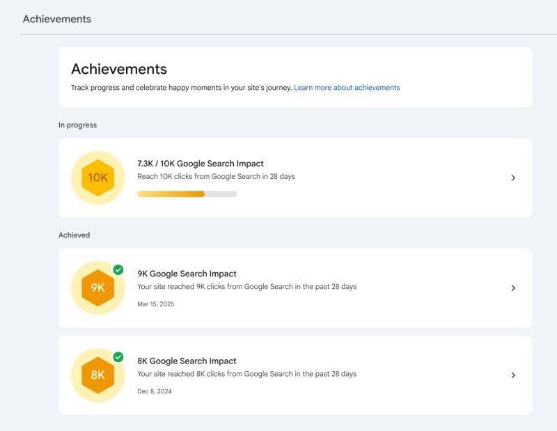 Screenshot of the Search Console Achievements section, showing the progress a site has made in Google Search. Currently at the point of having completed the "9K" milestone for clicks from search in the past 28 days. Woot woot! Celebrate! Share proudly!