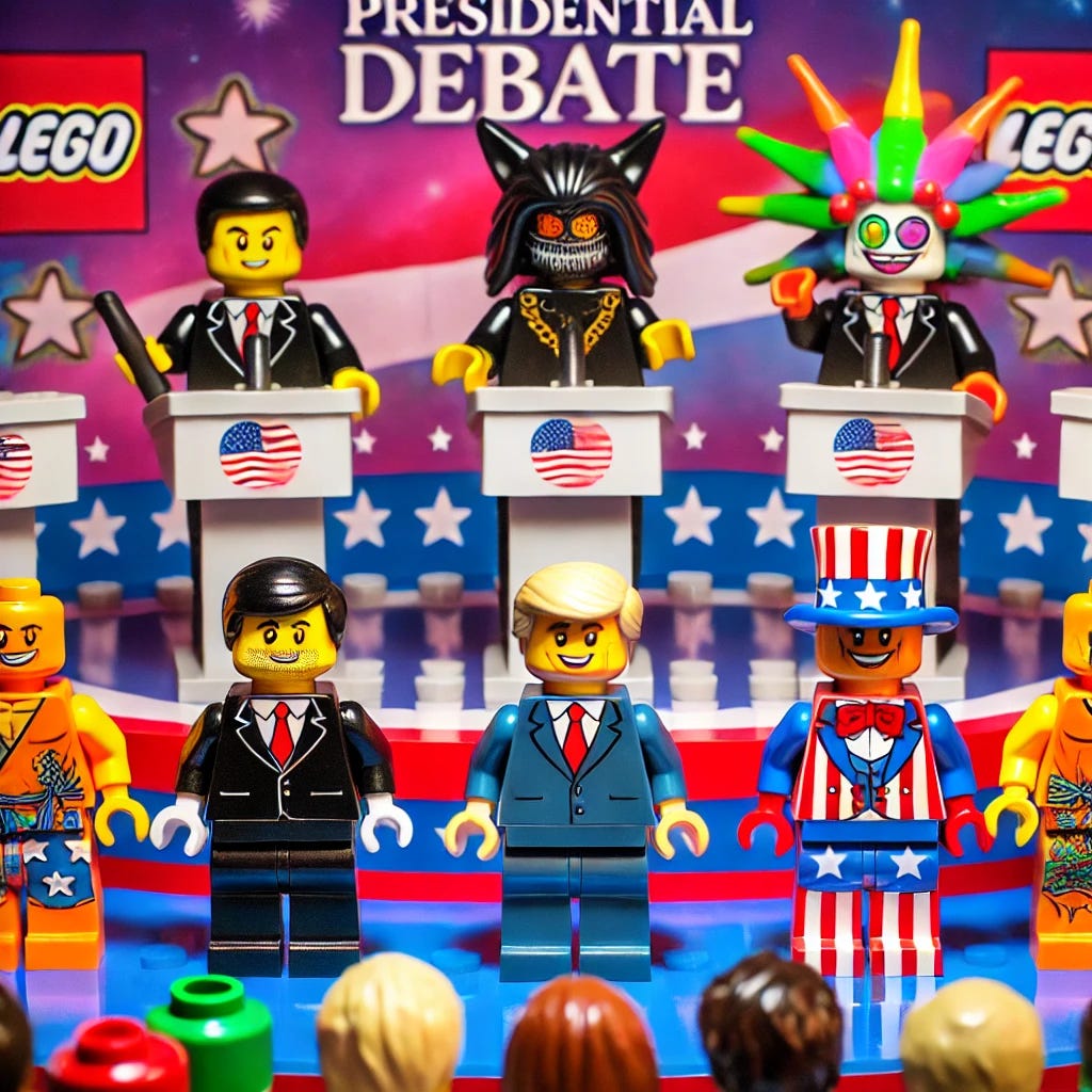 A playful and humorous image of a presidential debate featuring all the candidates as Lego characters. The scene shows a traditional debate stage with podiums, each Lego character dressed uniquely to represent their campaign. One character is dressed in a suit and tie, another in a patriotic outfit, and one more eccentric candidate like Lego Ninjago's Master Wu dressed as Lucifer 'Justin Case' Everylove in a colorful, psychedelic outfit. The background features a lively audience, with vibrant colors and fun political elements creating an entertaining and whimsical debate scene.