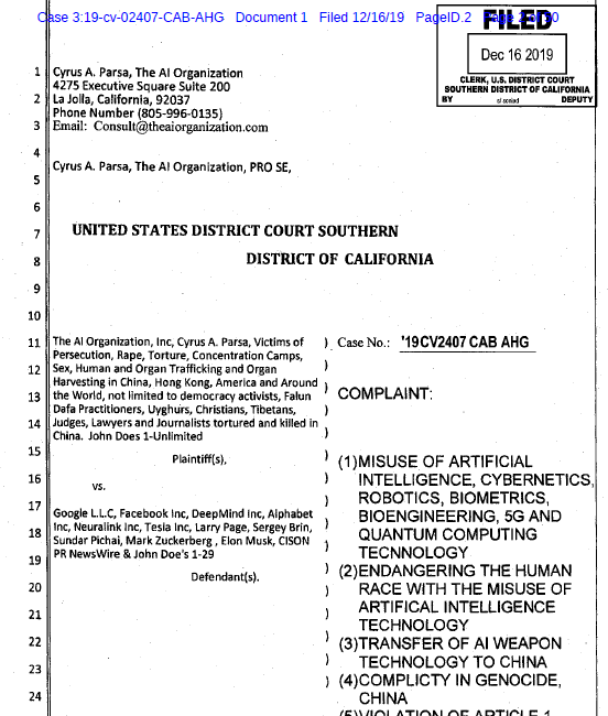 Cyrus Parsa's Lawsuit from 2019 - Excellent Summary of The Dangers Of AI And Big Tech Mind Control