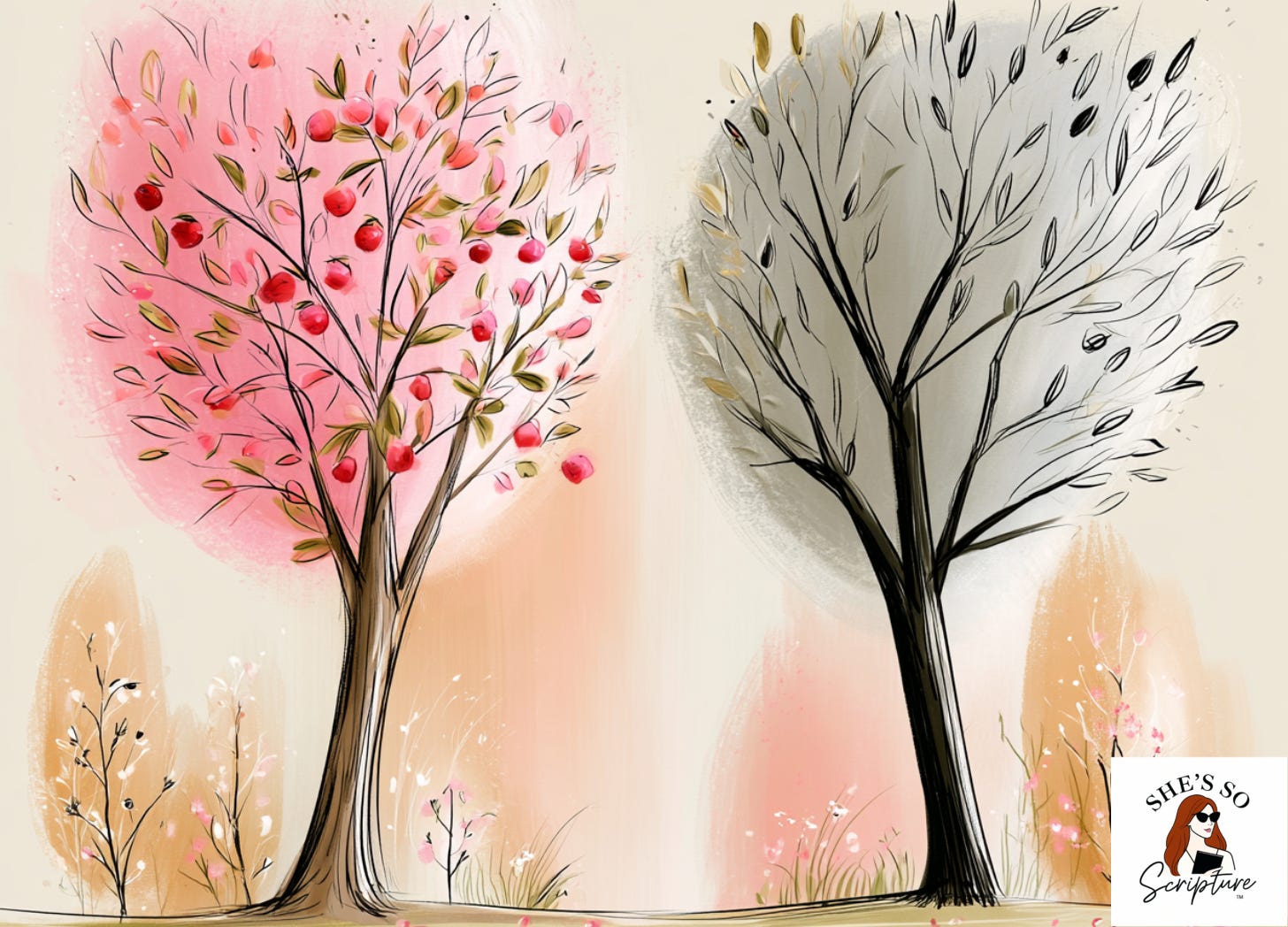 Whimsical watercolor illustration of two trees in a garden, one luminous and fruit-bearing, the other shadowed, painted in blush pink and cream tones with sketchy ink outlines.