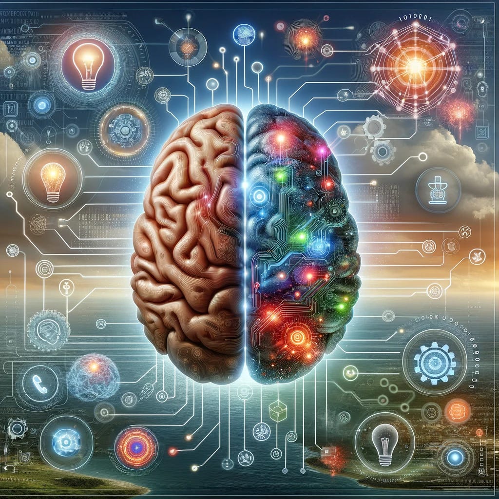 An image depicting a human brain interconnected with digital circuits and AI elements, symbolizing the enhancement of effective thinking through artificial intelligence. The brain is half biological and half digital, illustrating the synergy between human cognitive processes and AI capabilities. Surrounding the brain are various symbols of innovation, creativity, and technology, such as light bulbs, gears, and binary code, representing the diverse ways in which AI supports and expands human thinking. The background is a blend of natural and virtual landscapes, showing the seamless integration of AI into human life and thought processes.
