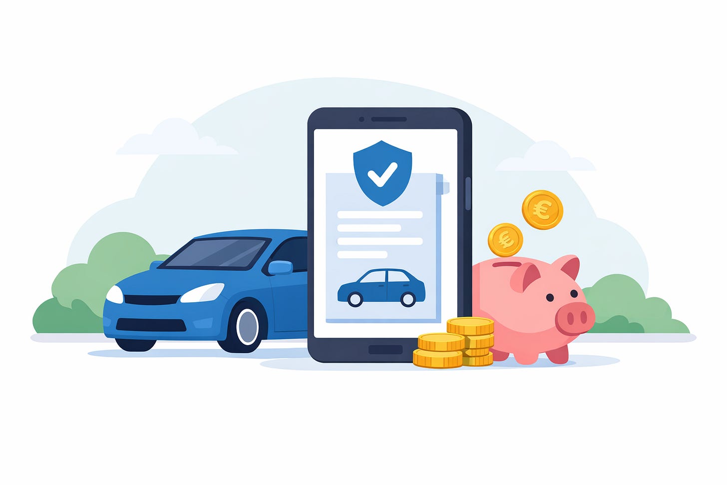 Illustrazione di assicurazione auto online con smartphone, auto e simboli di risparmio.