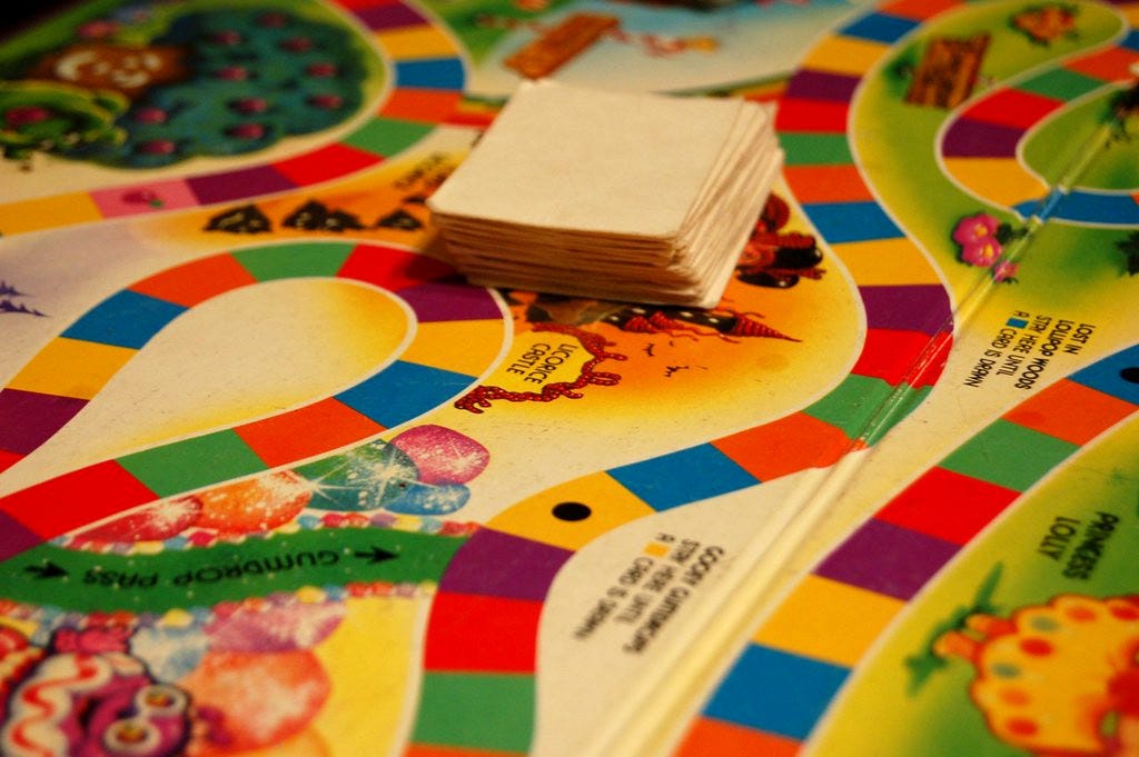 A photo of the board game Candyland, showing a track with spaces of different colors and a deck of cards A photo of the board game Candyland, showing a track with spaces of different colors and a deck of cards