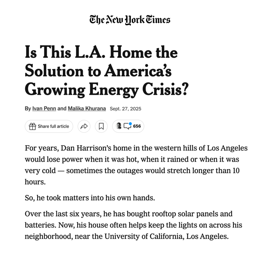 A screenshot of a New York Times article headline and text. The headline reads "Is This L.A. Home the Solution to America’s Growing Energy Crisis?" in large black text. Below, the byline credits Ivan Penn and Malika Khurana, dated September 27, 2025. The article text discusses power outages in Los Angeles and mentions rooftop solar panels and batteries. Social media post elements like share icons and a like count (656) are visible.