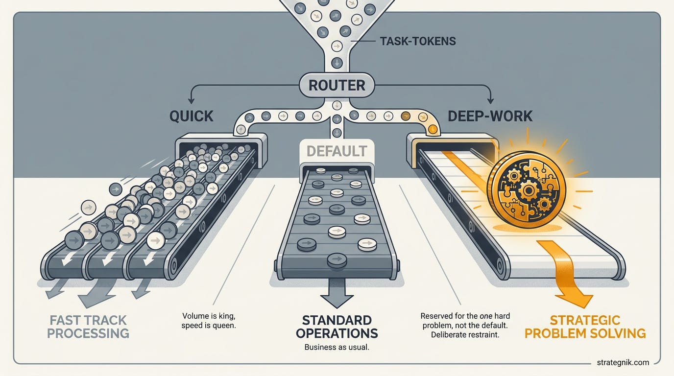 Incoming tasks routed by a central router into three right-sized lanes — a busy Quick lane for volume, a Default lane for everyday work, and a Deep-Work lane reserved for the one hard problem. Incoming tasks routed by a central router into three right-sized lanes — a busy Quick lane for volume, a Default lane for everyday work, and a Deep-Work lane reserved for the one hard problem.