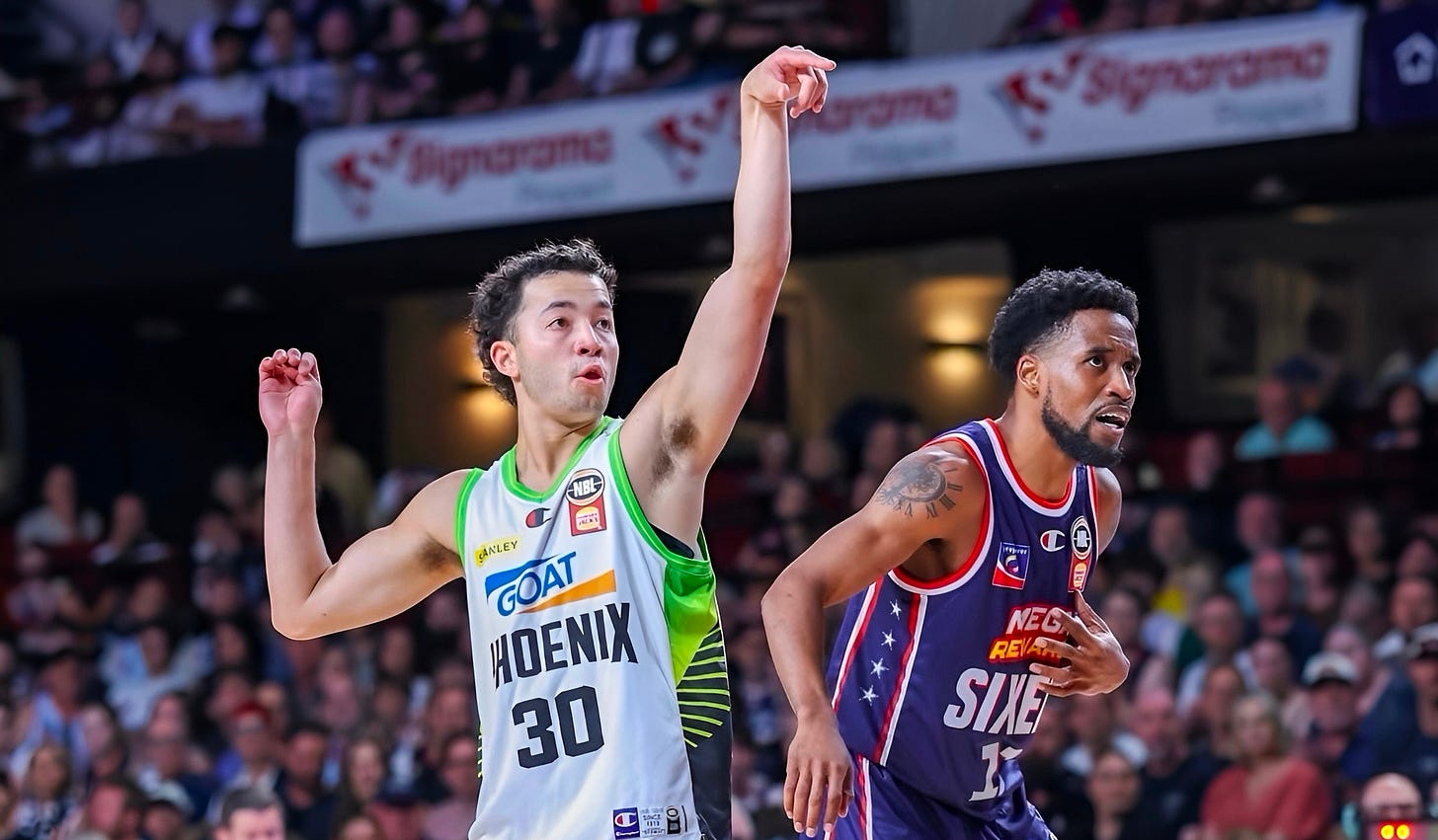Owen Foxwell knocks down a three-point shot while playing in Australia’s NBL for South East Melbourne Phoenix.