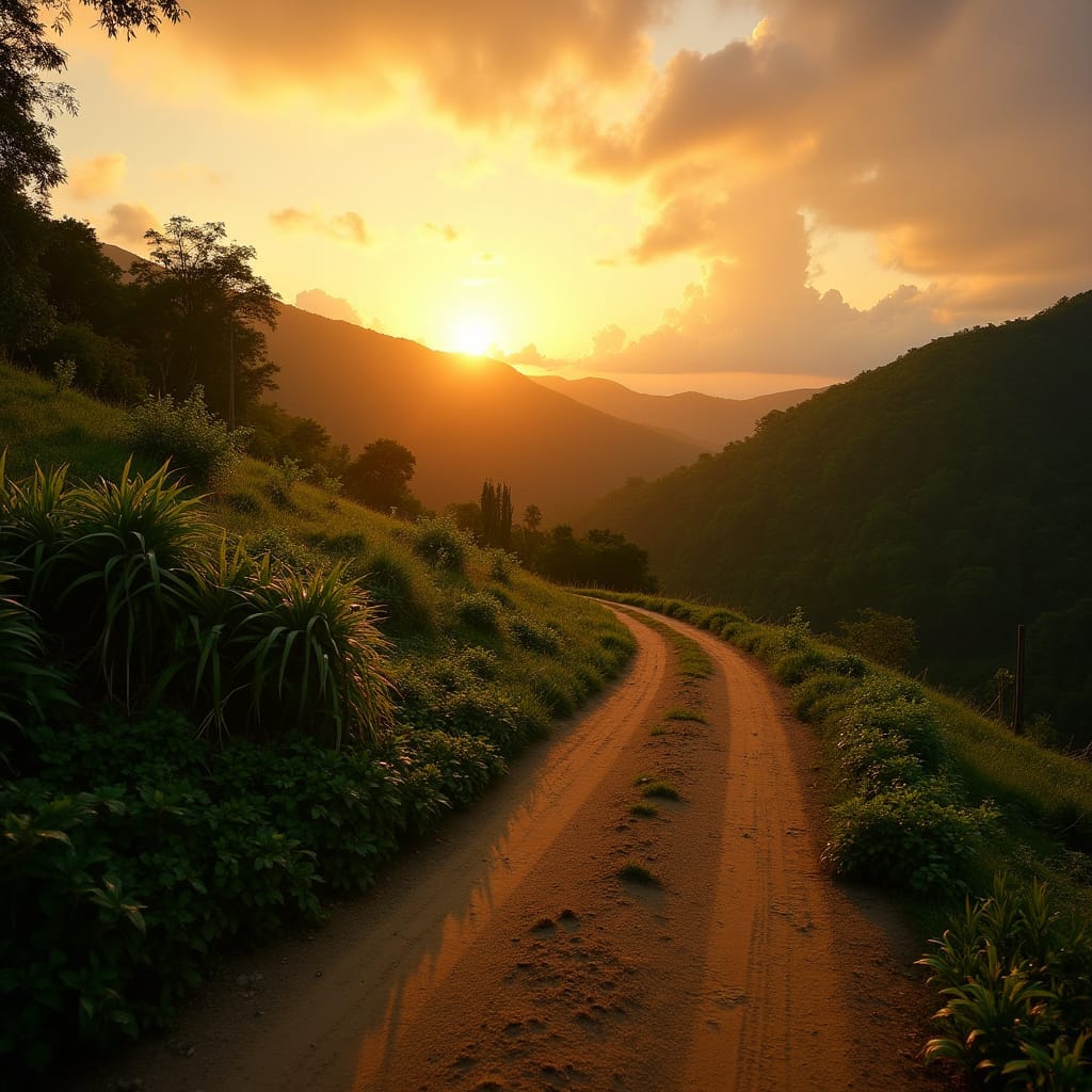 A Jamaican landscape at sunset, with a winding dirt path or rural road, representing an easement by prescription