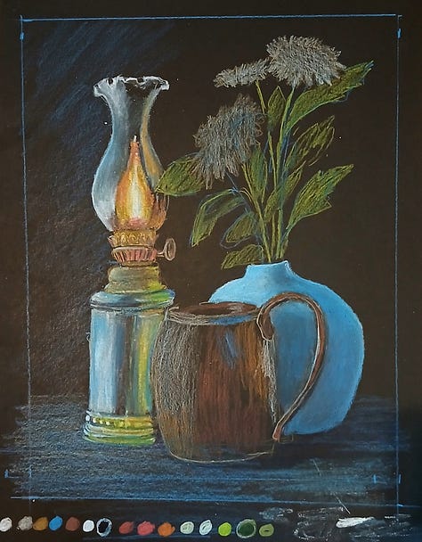 Filling in the lamp, then the flowers and leaves