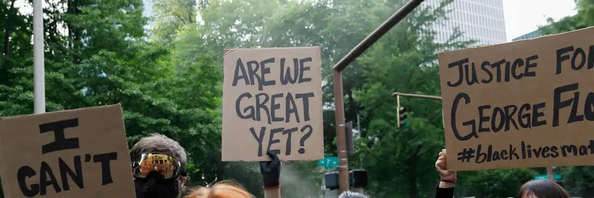 May be an image of 2 people and text that says 'AREWE GREAT YET?'