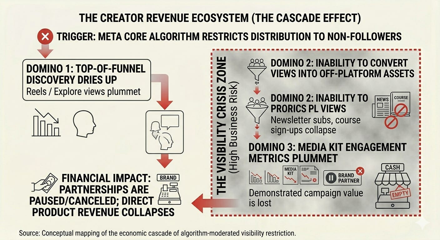 Diagram showing how Meta algorithm visibility restrictions reduce creator reach, lower newsletter sign-ups, hurt brand partnerships, and collapse creator revenue. Diagram showing how Meta algorithm visibility restrictions reduce creator reach, lower newsletter sign-ups, hurt brand partnerships, and collapse creator revenue.