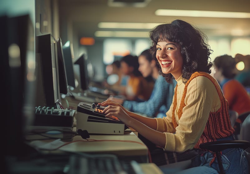 A woman smiling while working on a vintage computer in a classroom or workshop setting. A woman smiling while working on a vintage computer in a classroom or workshop setting.
