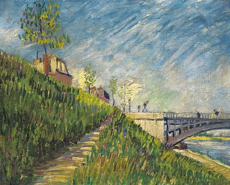 Asnières - Pont du Chemin de Fer, photograph, c.1905. Vincent van Gogh, Banks of the Seine with the Pont de Clichy, 1887, Oil on canvas, 30.5 × 39 cm, Private collection. Vincent van Gogh, Factories at Clichy, 1887, Oil on canvas, 53.7×72.7 cm Saint Louis Art Museum, Missouri Funds given by Mrs. Mark C. Steinberg by exchange.