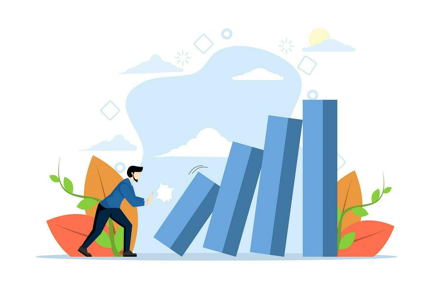 small little habit concept to change or increase productivity, efficiency,  easy way to win business success or make big impact, entrepreneur pushing  small dominoes to make one bigger downfall. 27196304 Vector Art