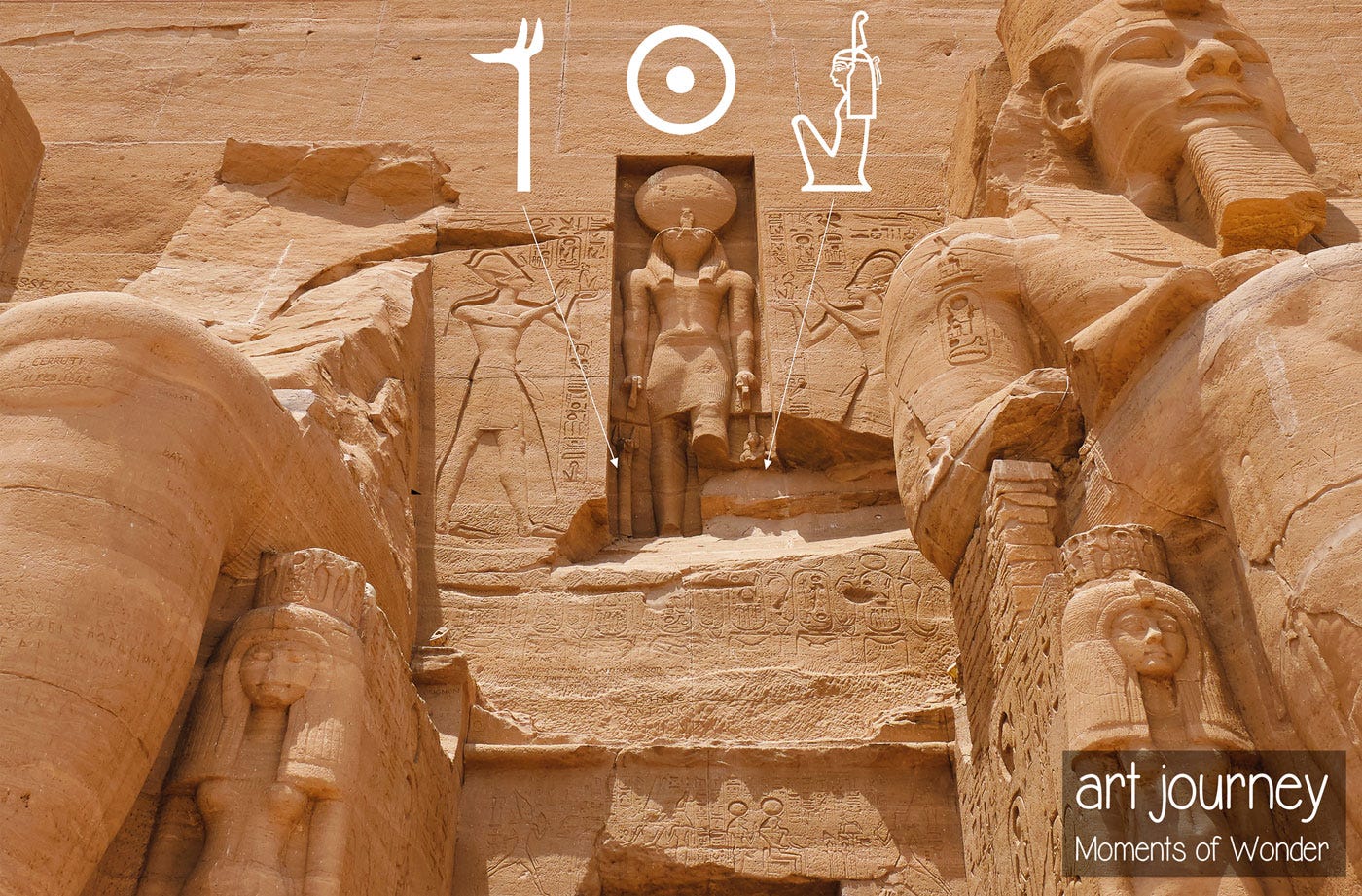 Hieroglyph rebus User Maat Re entrance Abu Simbel Ramses II becoming a god Hieroglyph rebus User Maat Re entrance Abu Simbel Ramses II becoming a god
