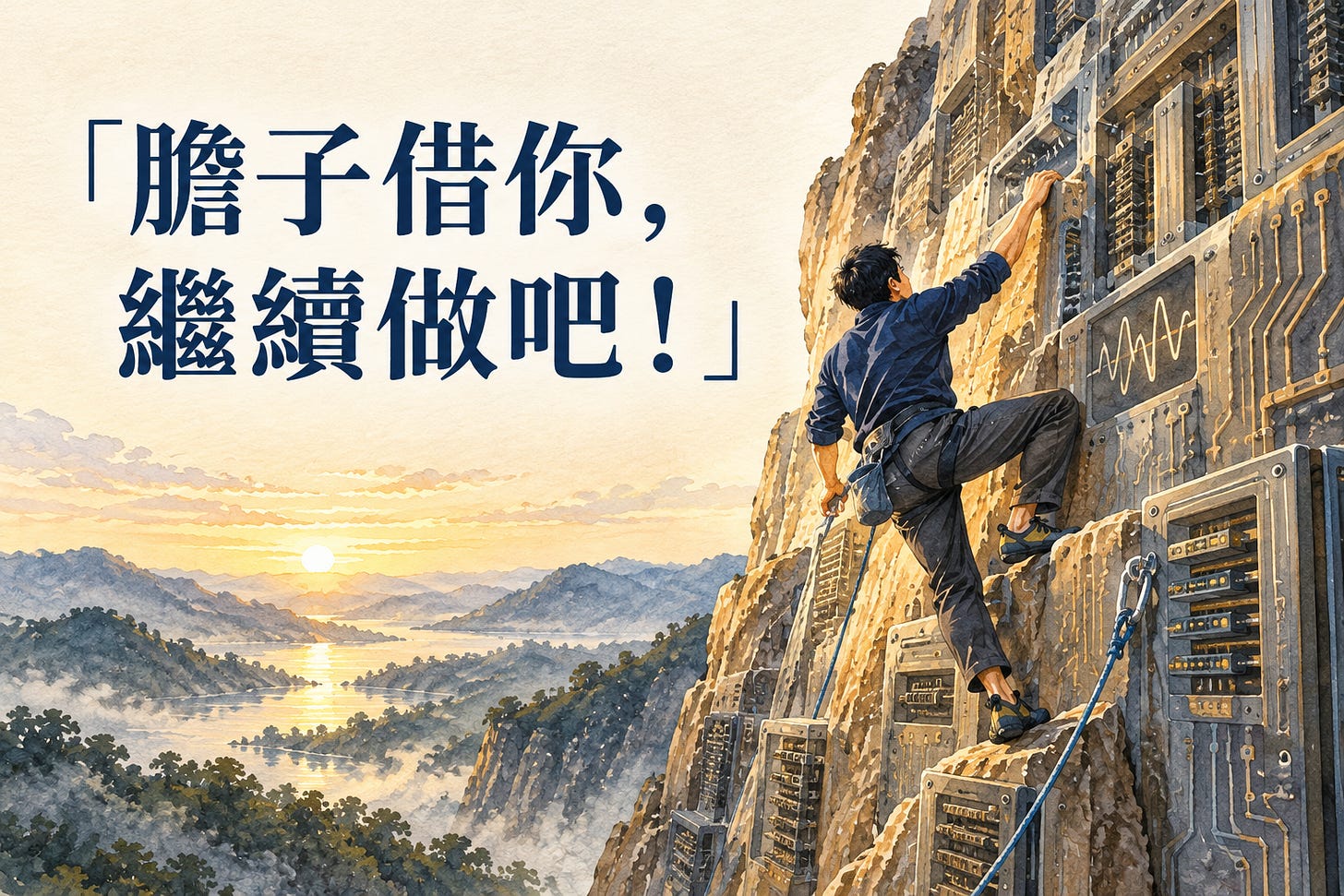 攀登者攀向由儀器與電路構成的高峰,圖中文字為「膽子借你,繼續做吧!」 攀登者攀向由儀器與電路構成的高峰,圖中文字為「膽子借你,繼續做吧!」