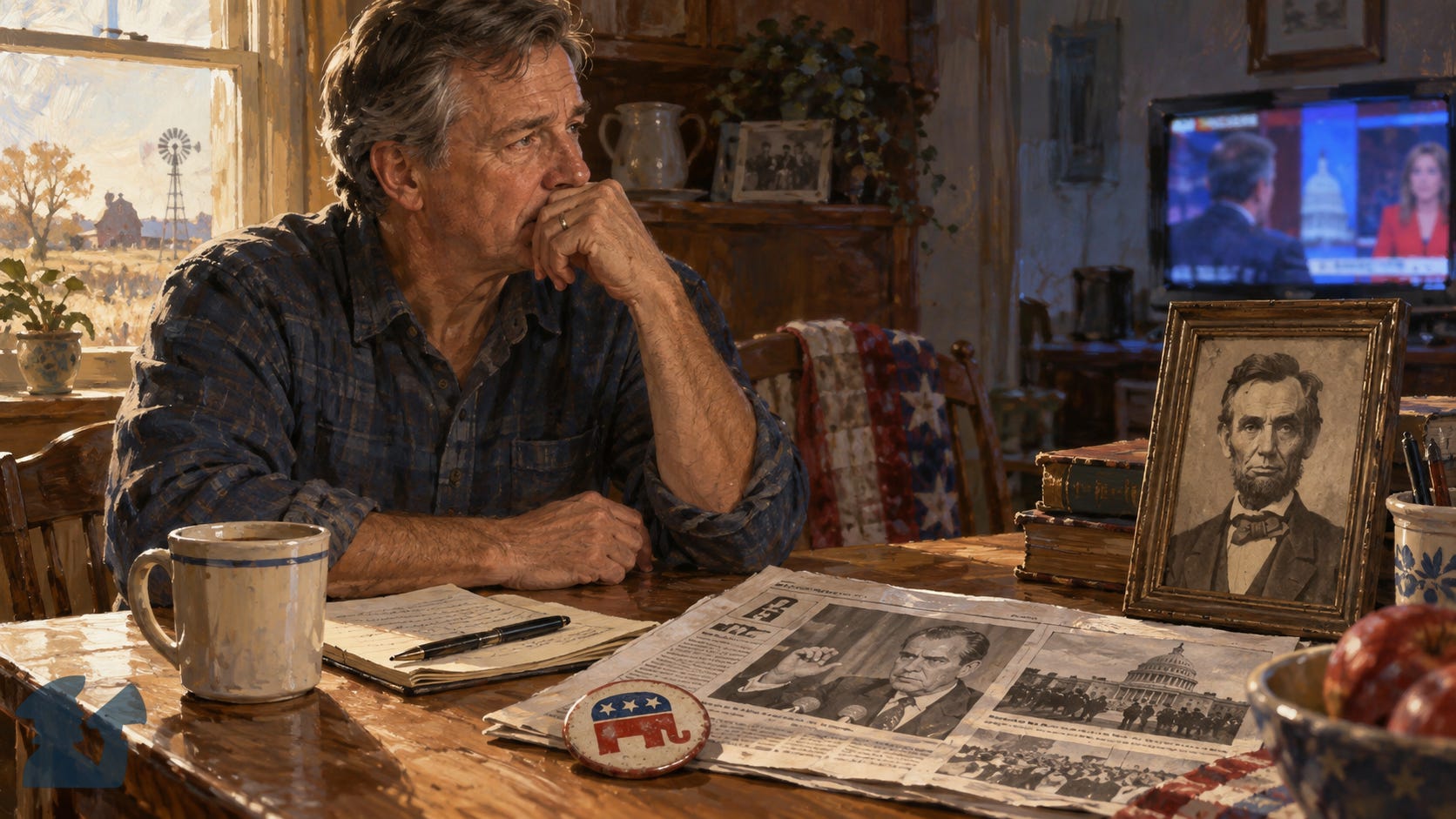 Painterly scene of a thoughtful man seated at a kitchen table with an old Republican elephant button, newspapers featuring Richard Nixon, a framed portrait of Abraham Lincoln, and political news playing on a television in the background. Painterly scene of a thoughtful man seated at a kitchen table with an old Republican elephant button, newspapers featuring Richard Nixon, a framed portrait of Abraham Lincoln, and political news playing on a television in the background.