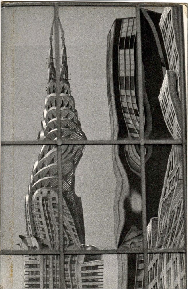 Black-and-white photograph from Bettina Grossman’s Phenomenological New York series showing the Chrysler Building refracted and distorted through reflective glass and surrounding architecture. Black-and-white photograph from Bettina Grossman’s Phenomenological New York series showing the Chrysler Building refracted and distorted through reflective glass and surrounding architecture.