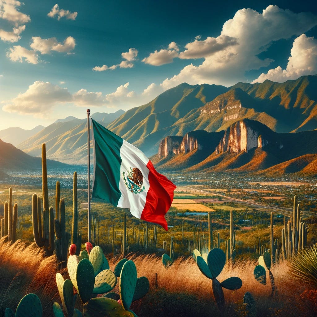 A scenic view of a landscape in Mexico with the Mexican flag prominently displayed in the foreground. The landscape showcases typical Mexican scenery, such as mountains, cacti, and a vibrant blue sky. The flag is fluttering in the breeze, adding a sense of national pride to the picturesque setting. A scenic view of a landscape in Mexico with the Mexican flag prominently displayed in the foreground. The landscape showcases typical Mexican scenery, such as mountains, cacti, and a vibrant blue sky. The flag is fluttering in the breeze, adding a sense of national pride to the picturesque setting.