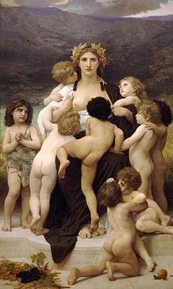 A seated woman surrounded by 9 children who seem dependent upon her. A seated woman surrounded by 9 children who seem dependent upon her.