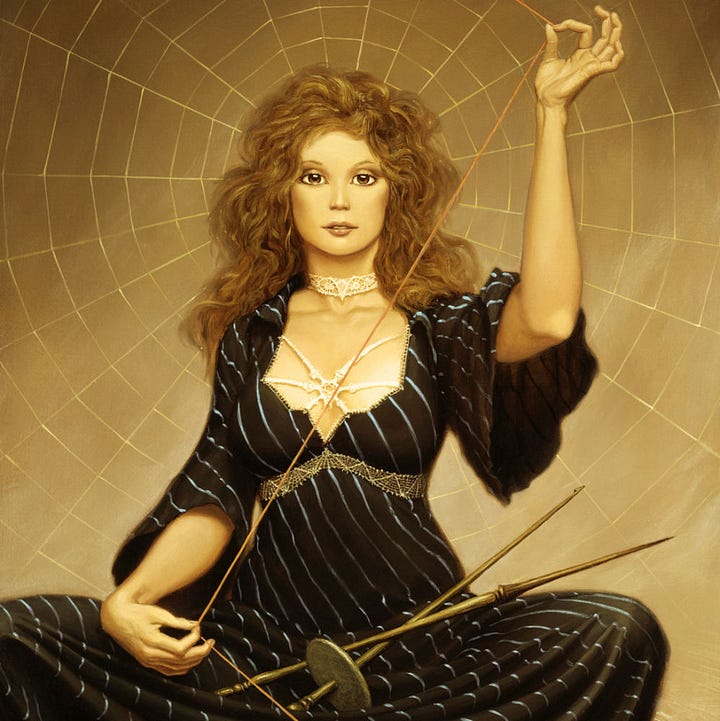 LEFT: Detail from NIOBE featuring a woman in a black pinstripe dress seated with her legs crossed as she carefully measures thread. The neckline of her dress is held together by ornament that resembles a spider. A web is featured prominently behind her with her head at the center. RIGHT: Painting detail compared with the preliminary sketch of the scissors with Death’s head pattern. Woven in the pattern of the rug is the artist’s sigil, a stylized M and W crossed by a diagonal inside a circle, and the year ‘85.