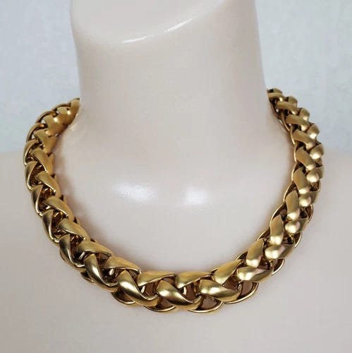 David Navarro Gold Tone Chunky Wide Thick Heavy Wheat Chain Necklace Vtg Choker - Picture 10 of 10