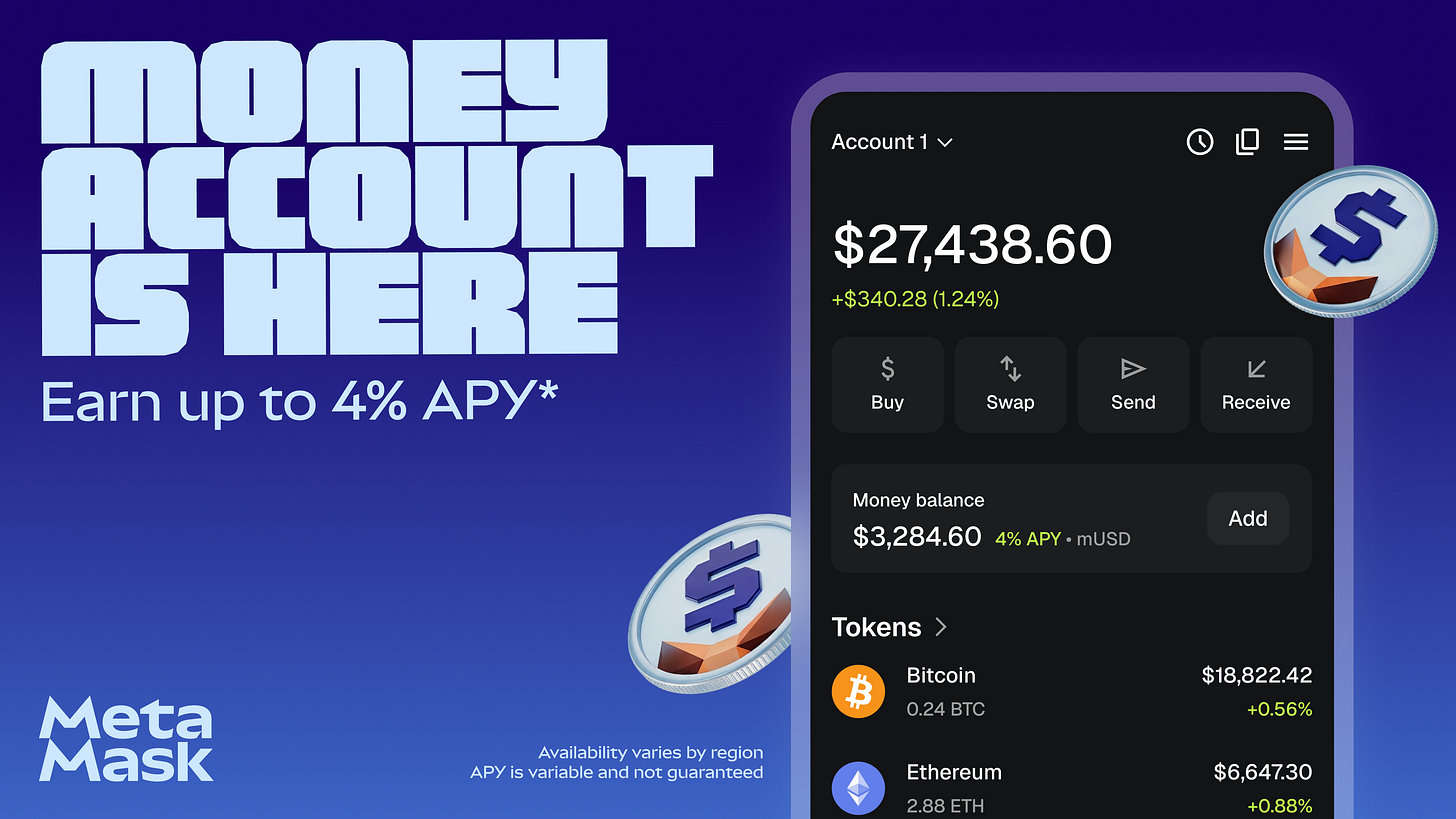 MetaMask promo graphic reading "Money Account is here — earn up to 4% APY," with a wallet screen showing an mUSD money balance alongside Bitcoin and Ethereum holdings