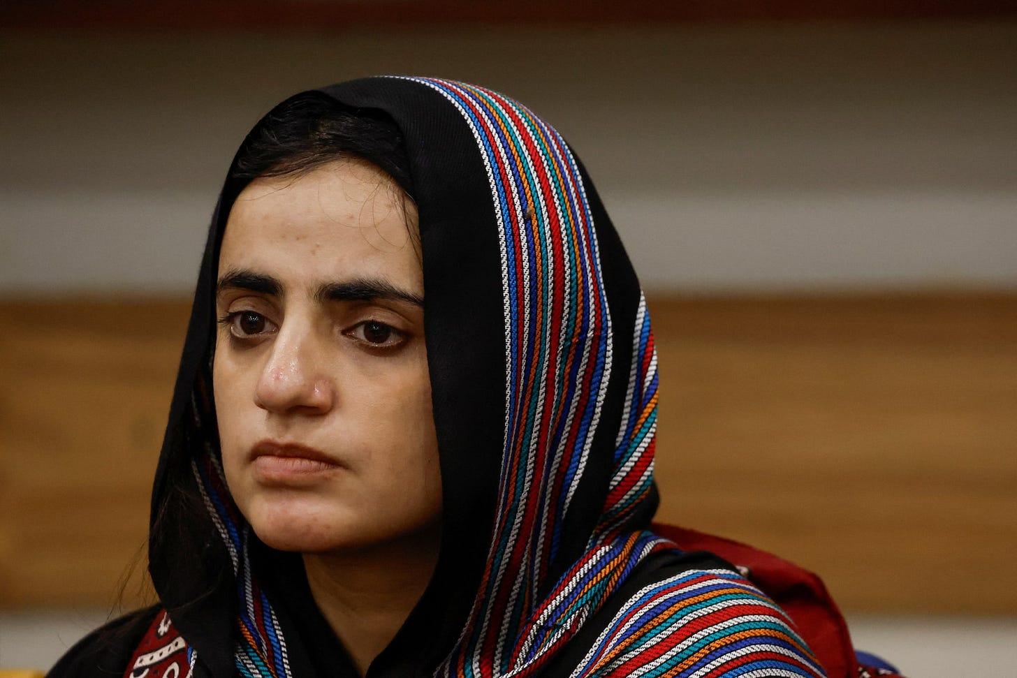 Dr. Mahrang Baloch, human rights activist and leader of the Baloch Yakjehti Committee, listens to journalists at the Karachi Press Club in Karachi Dr. Mahrang Baloch, human rights activist and leader of the Baloch Yakjehti Committee, listens to journalists at the Karachi Press Club in Karachi