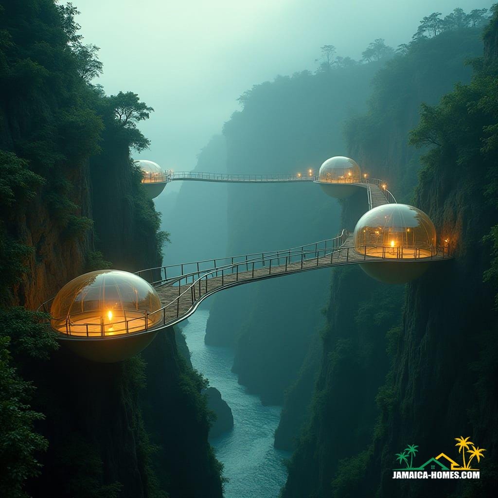 Sky Bridge Villages: Ribbon-like walkways suspended between cliffs, with glass pods that glow softly at night like fireflies above the valleys.